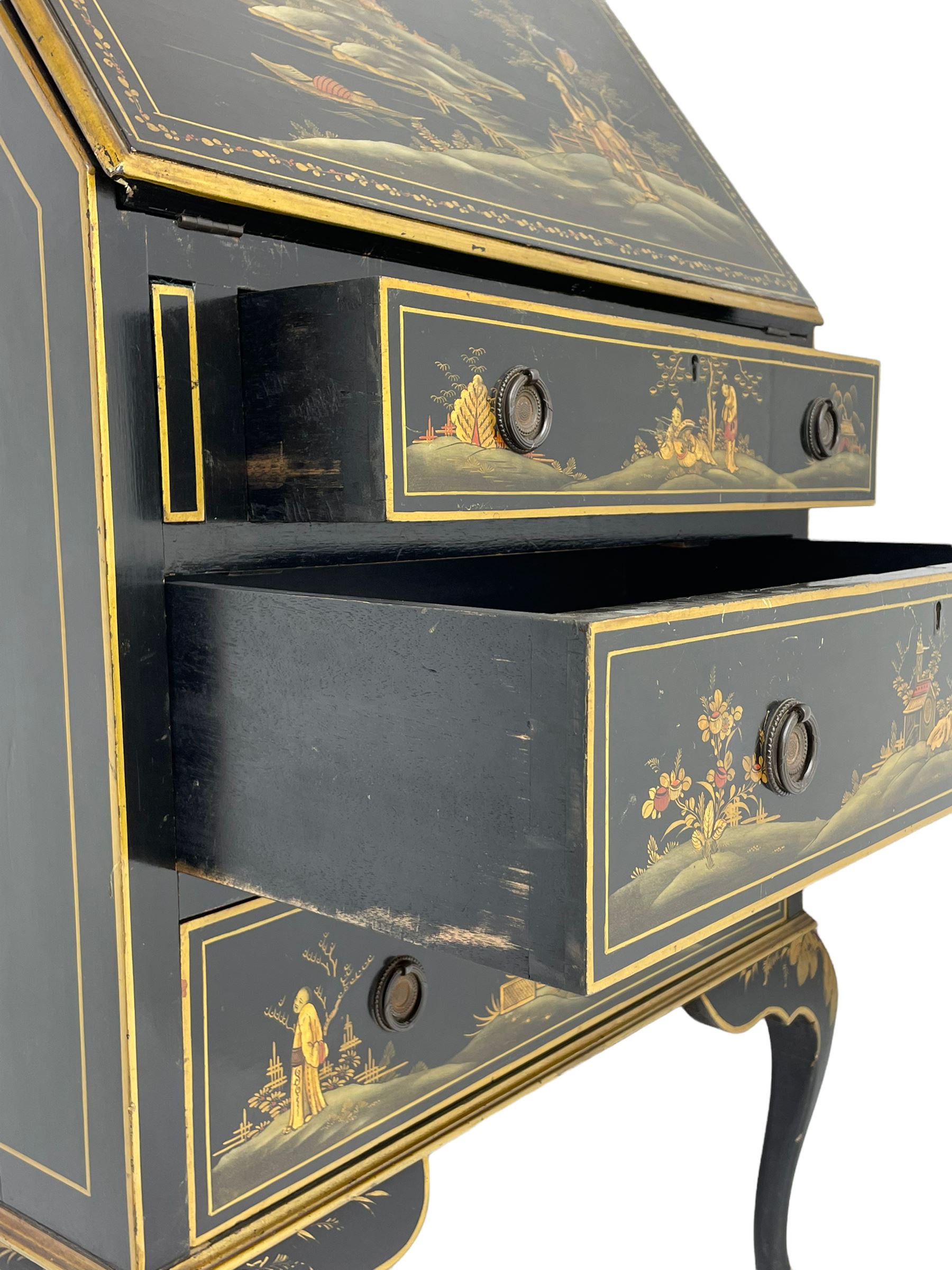 Early 20th century Chinoiserie lacquered bureau, raised gilt decoration, fall front enclosing divisions and drawer, three graduating long drawers, on cabriole supports