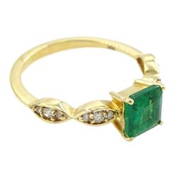 14ct gold square cut emerald ring, with round brilliant cut diamond shoulders, emerald approx 1.15 carat, total diamond weight approx 0.15 carat
