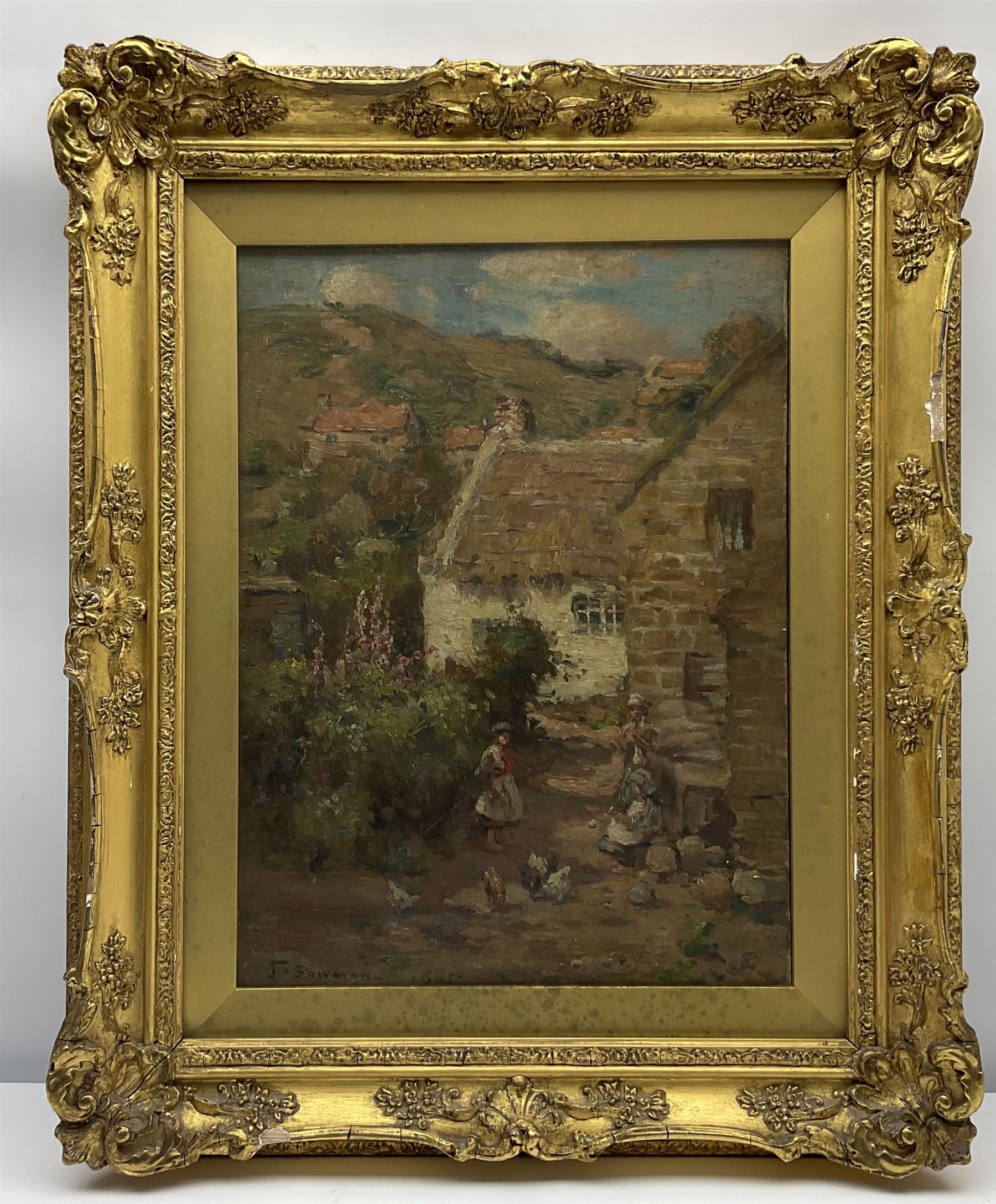 John Bowman (Staithes Group 1872-?): 'Little Gossips Runswick Bay', oil on canvas signed and dated 1905, old title label verso 39cm x 29cm