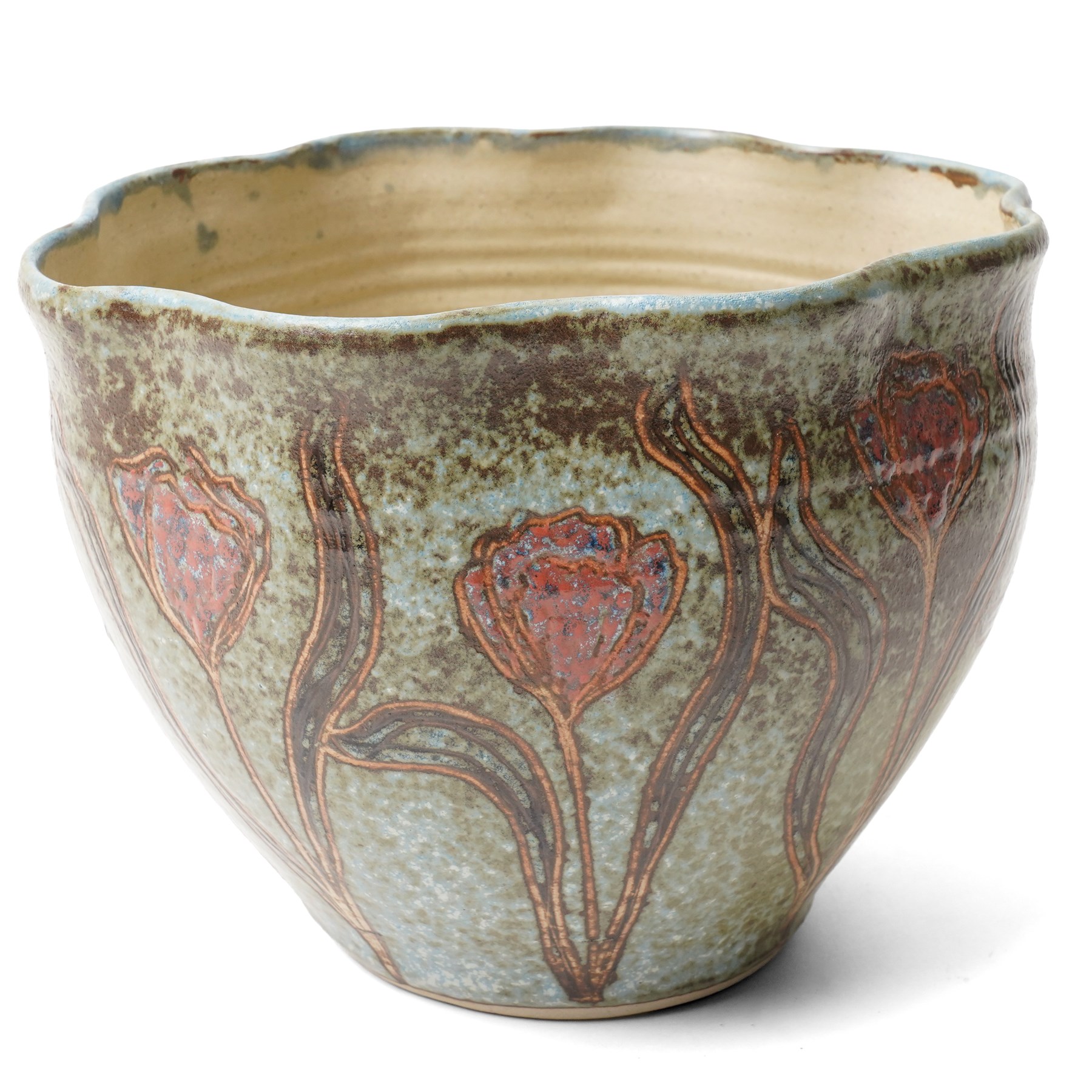 John Egerton (c1945-2024): Stoneware planter, decorated with carved flower motif, mottled blue background and scalloped rim, marked beneath, H18cm
