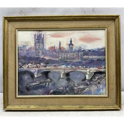 Circle of Walter John Beauvais (British 1942-1998): Houses of Parliament, oil on canvas board indistinctly signed 29cm x 39cm