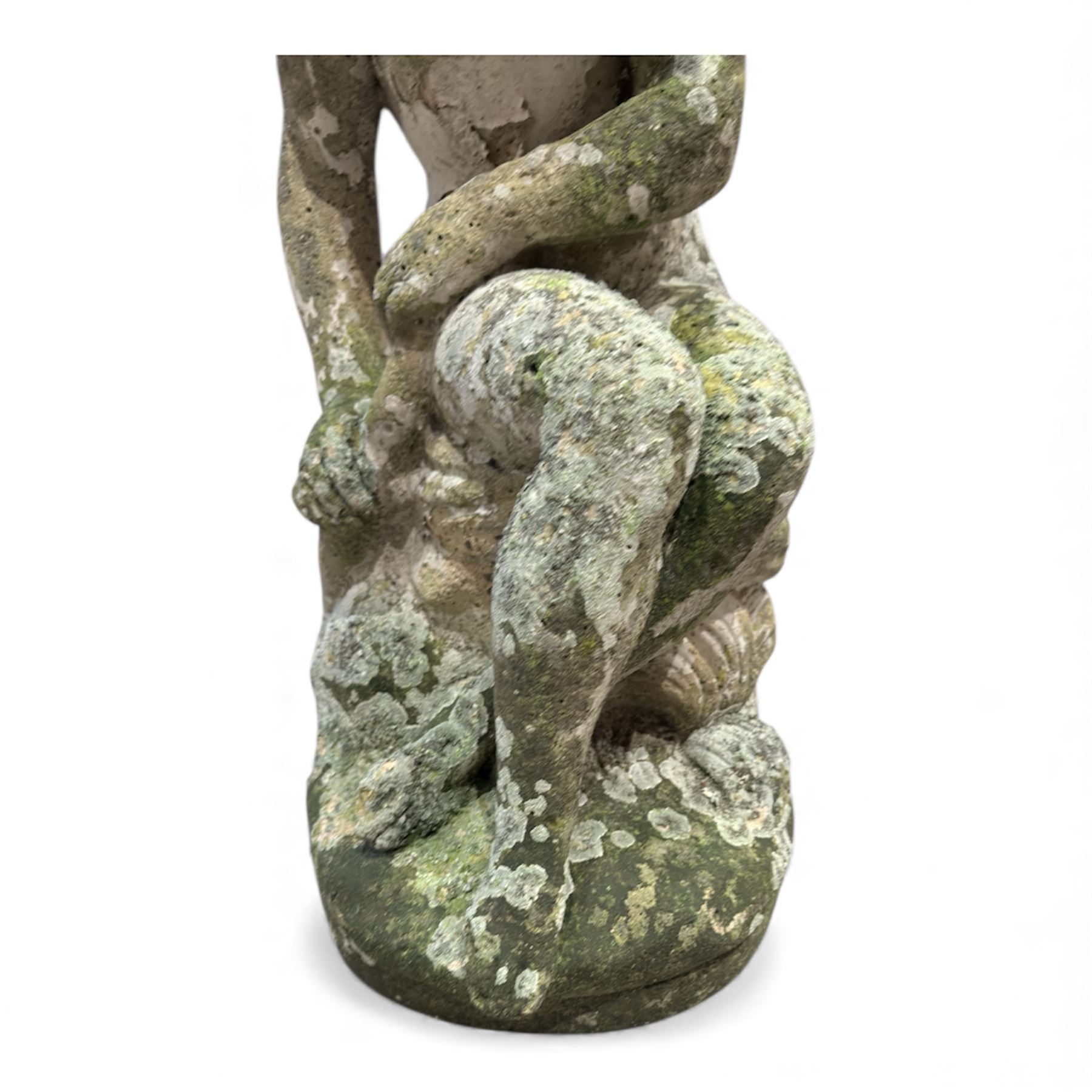 Cast stone female figure along with vintage iron pot-cradle / cauldron stand 