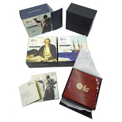 Captain Cook gold proof three coin series, comprising 2018, 2019 and 2020 dated gold proof two pound coins, all three housed together in a Royal Mint presentation box, the individual boxes and certificates are also present