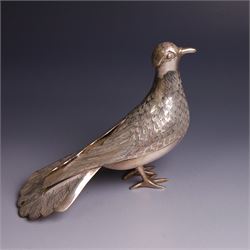 Mid 20th century Iranian silver model of bird, with engraved feathers, stamped with lion with scimitar to underside of tail, H11cm