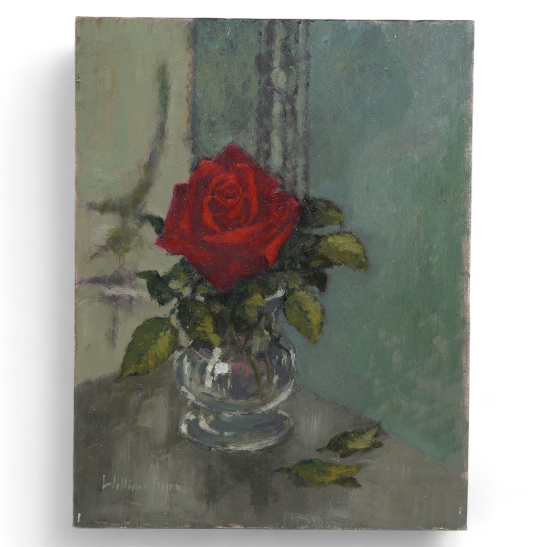 William Burns (Northern British 1923-2010): 'Still Life - Rose', oil on board signed, titled verso 34cm x 27cm (unframed)
Provenance: Direct from the family of the artist. 
Notes: Born in Sheffield in 1923, William Burns RIBA FSAI FRSA studied at the Sheffield College of Art before the outbreak of the Second World War, during which he helped illustrate the official War Diaries for the North Africa Campaign, and was elected a member of the Armed Forces Art Society. On his return, he studied architecture at Sheffield University and later ran his own successful practice, being a member of the Royal Institute of British Architects. However, painting had always been his self-confessed 'first love', and in the 1970s he gave up architecture to become a full-time artist, having his first one-man exhibition in 1979.