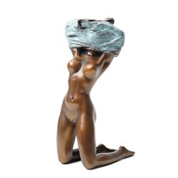 Bronze figure of a kneeling nude removing her shirt, signed 'Milo', H17cm