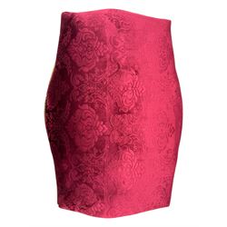 Pair of Louis XV-design giltwood stools, each upholstered in red damask fabric with slight variations in patterns, the carved frames adorned with scrolling foliage and shell motifs, raised on cabriole supports