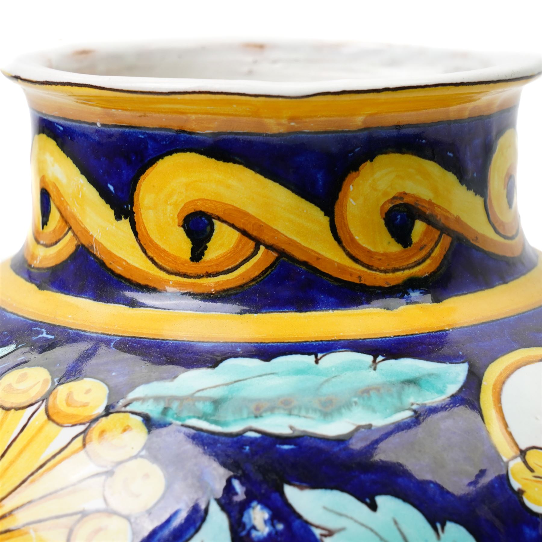 Large Italian Cantagalli vase, painted profusely in typical colours with yellow flowers and foliage, blue cockerel mark to base, H32cm