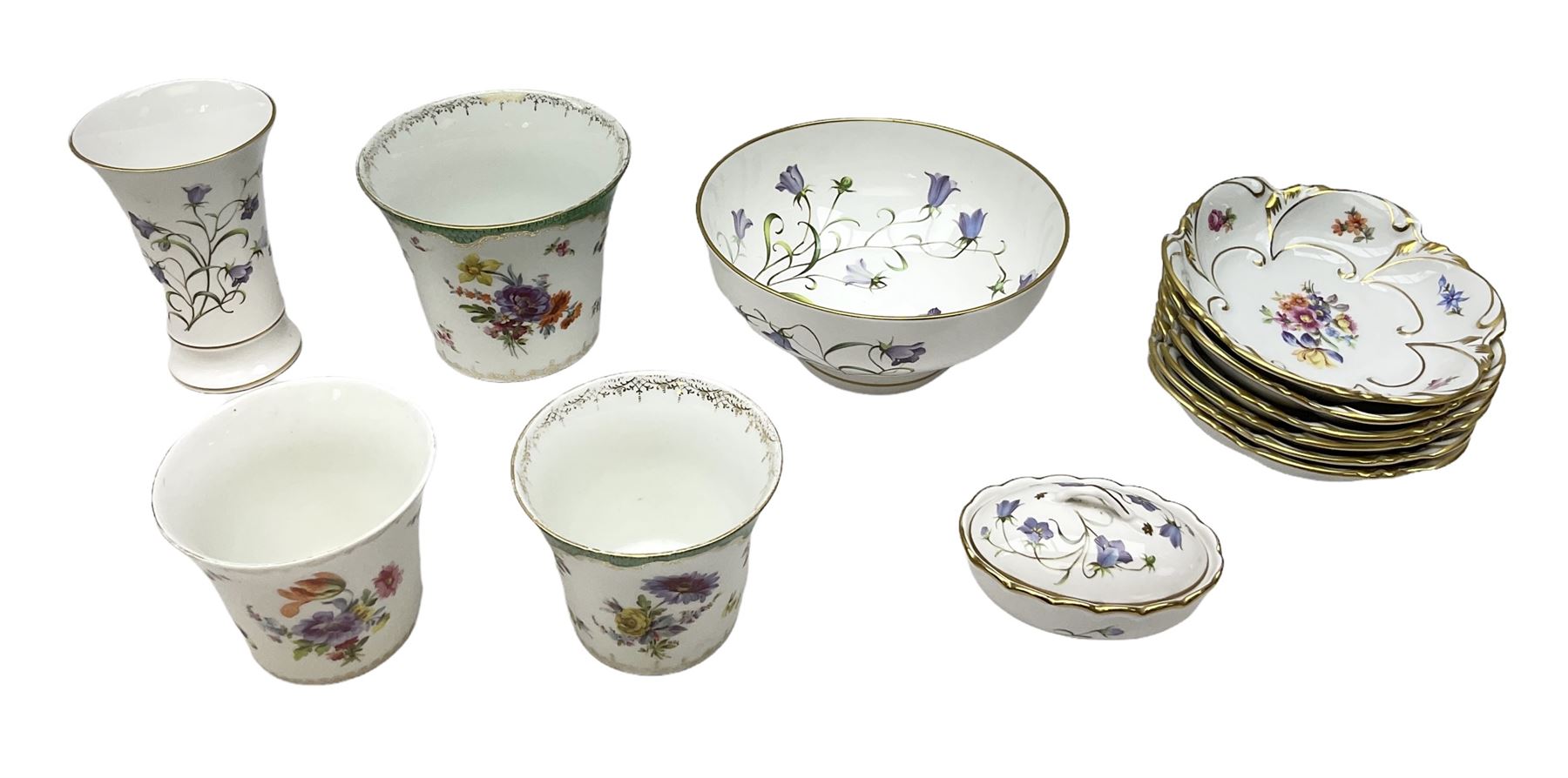 Spode Campanula pattern tulip vase, footed bowl and covered trinket dish, together with six Jlmenau dishes and three other vases 
