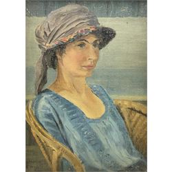 Forrest Hewit (British 1870-1956): Lady in a Blue Dress - half length portrait, oil on board signed and dated 1923, 39cm x 28cm
Provenance: Hewit was born in Manchester and studied under Walter Sickert and T.C. Dugdale. He was a director of the Calico Printers Association, a member of the Manchester Academy of Fine Arts and lived in Wilmslow