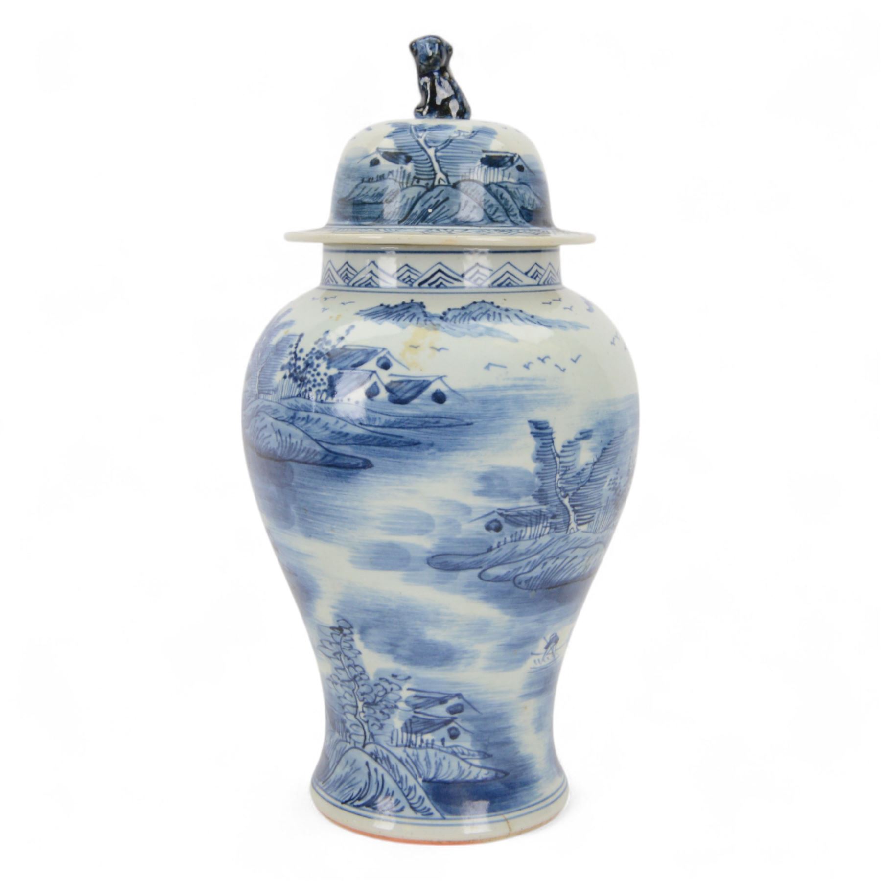 20th century Chinese blue and white jar and cover, of baluster form with domed cover with foo dog finial, decorated with waterside landscape scene with huts upon islands and figures in boats, H45.5cm