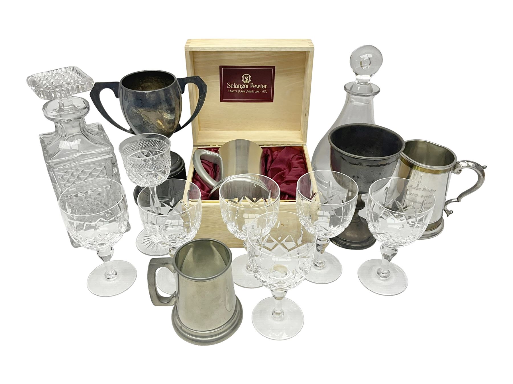 German Bleikristall decanter, set of six Stuart Crystal glasses, a Dartington Crystal decanter, christmas lights and a collection of pewter tankards, etc 