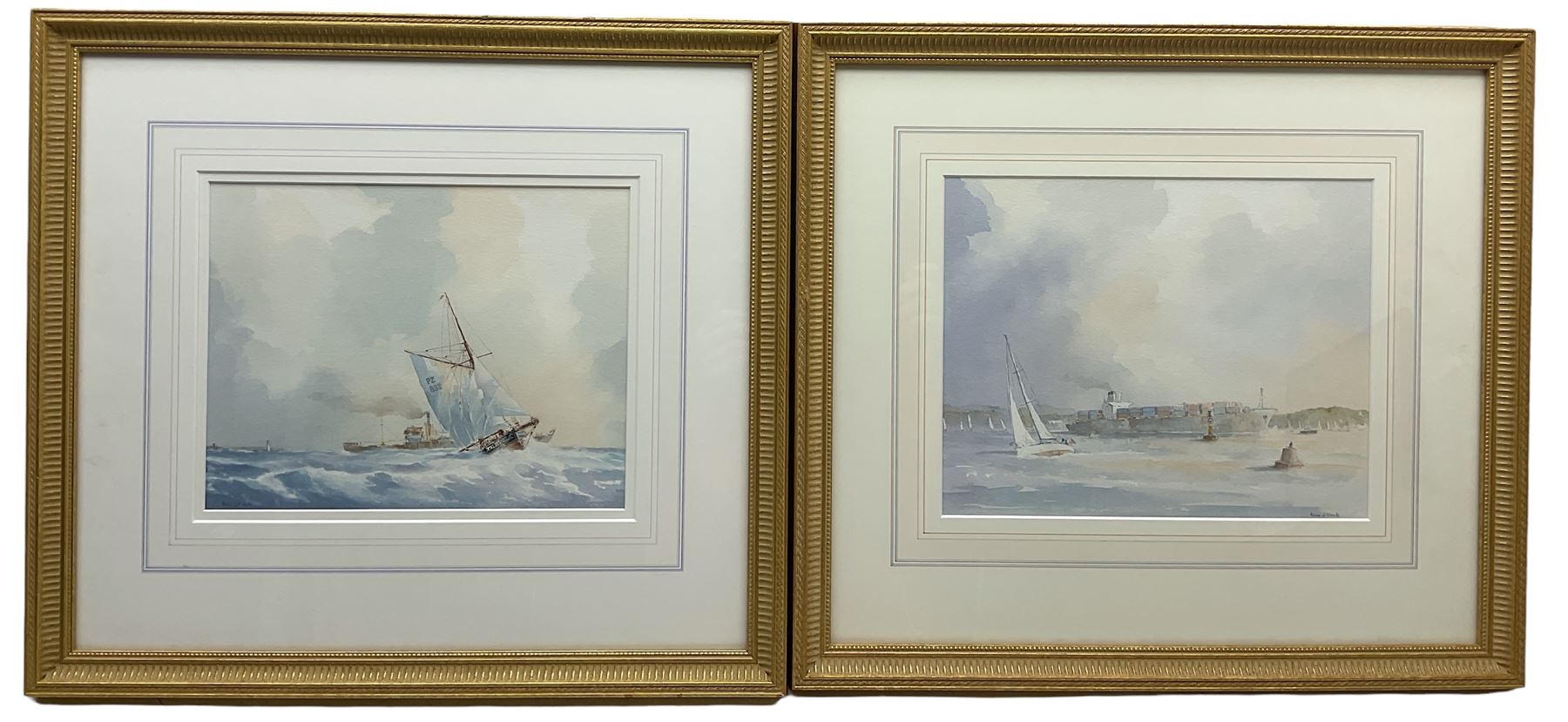 Alan Stark (British 20th century): Penzance Sailing Ship at Full Sail and Container Ship off Shore, pair watercolours signed 23cm x 29cm (2)