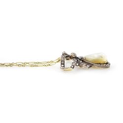 French early 20th century gold and silver pearl and diamond bow pendant, pear shaped blister pearl with old cut and rose cut diamond surround, suspending from a diamond set bow, to an 18ct gold fancy link chain necklace