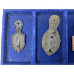 Twelve French military metal badges mounted on leather fobs including Legion, Artillery, Parachutist, Air Force, Infantry etc