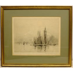 Rowland Langmaid (British 1897-1956): 'Barges on the Thames before Westminster', etching signed in pencil with Academy Proof blindstamp 21cm x 27cm