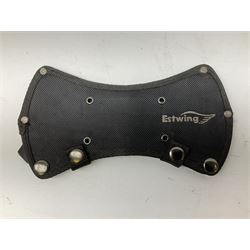 Estwing Black Eagle style double bit throwing axe with leather grip, virtually mint with labels present, plastic blade protectors and nylon sheath L43cm; another smaller Estwing axe stamped 24A to the pommel, with leather grip and sheath; and a vintage short handled hedge knife, the blade stamped IH (?) No.2 (3)