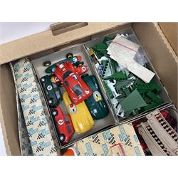 Tri-ang Scalextric - seven cars including pair of Jaguar D Types, pair of Austin Minis, Porsche and BRM racing cars etc; six various controllers and power unit, fencing, banking and bridge pillars, boxed kiosk, quantity of track and paperwork