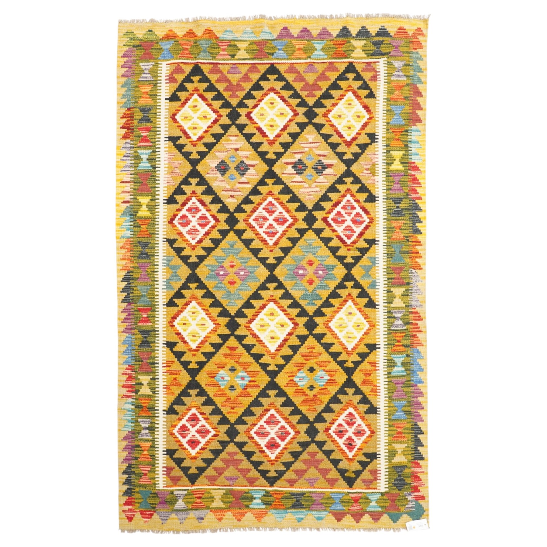 Afghan Maimana flatweave kilim runner, central field features large bold nested diamond motifs and stylized geometric lozenge patterns on olive purple, blue, and green tone ground, border stripe in mustard ground, and fringe