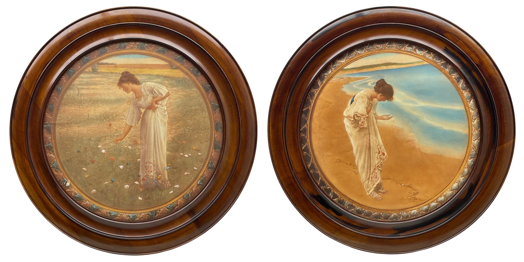 After William Henry Margetson (British 1861-1940): 'Flowers of the Field' and 'The Sea Hath its Pearls', pair of circular prints in matching frames, prints 50cm x 50cm, frames overall 67.5cm x 67.5cm (2)