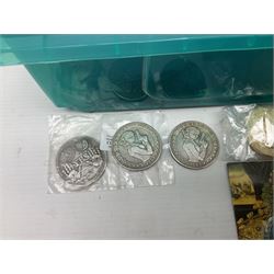 Quantity of reproduction and fantasy coins and tokens to include erotic examples, and three empty coin display boxes