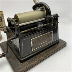  Early 20th century Edison Gem phonograph, the reproducer marked Model-C, with lift-off oak cover, Serial No.G204826, last patent date 1903, with white metal horn, W25cm, and six cylinders/boxes  