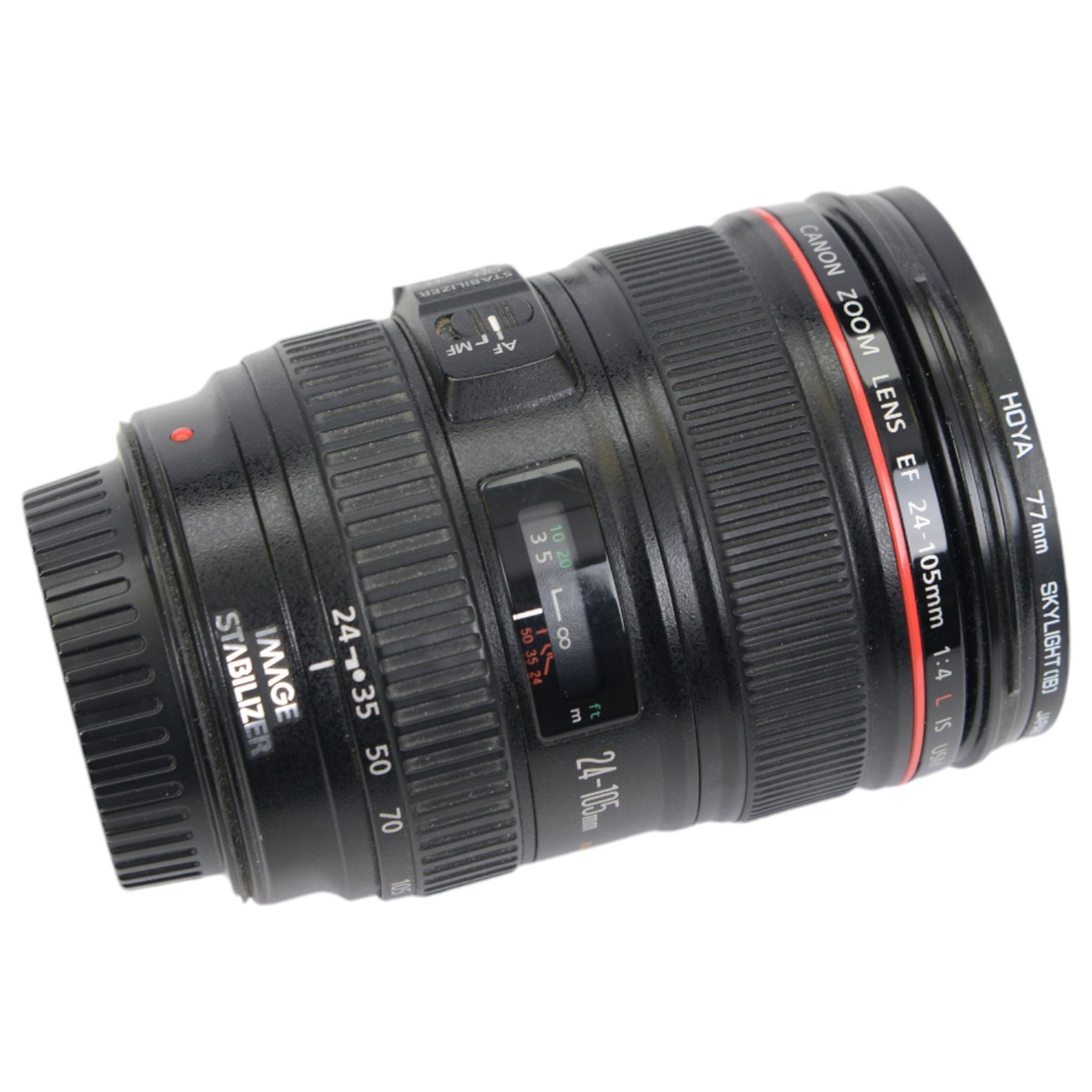 Canon Ultrasonic EF 24-105mm 1:4 L IS USM zoom lens serial no. 319110, with Canon EW-83H lens hood, in carry pouch