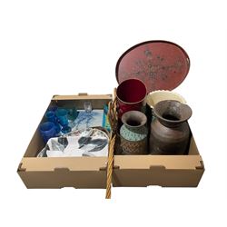 Delft tile shipping scene, lacquered tray painted with flowers, painted planter, carpet be...