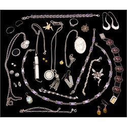 Gold fairy brooch, gold St Christoper's charm and  gold signet ring, all hallmarked 9ct, silver and stone set silver jewellery including amethyst bracelet, marcasite amethyst ring, marcasite and purple stone set bracelet and necklace, pairs of earrings, bracelets and a fairy brooch