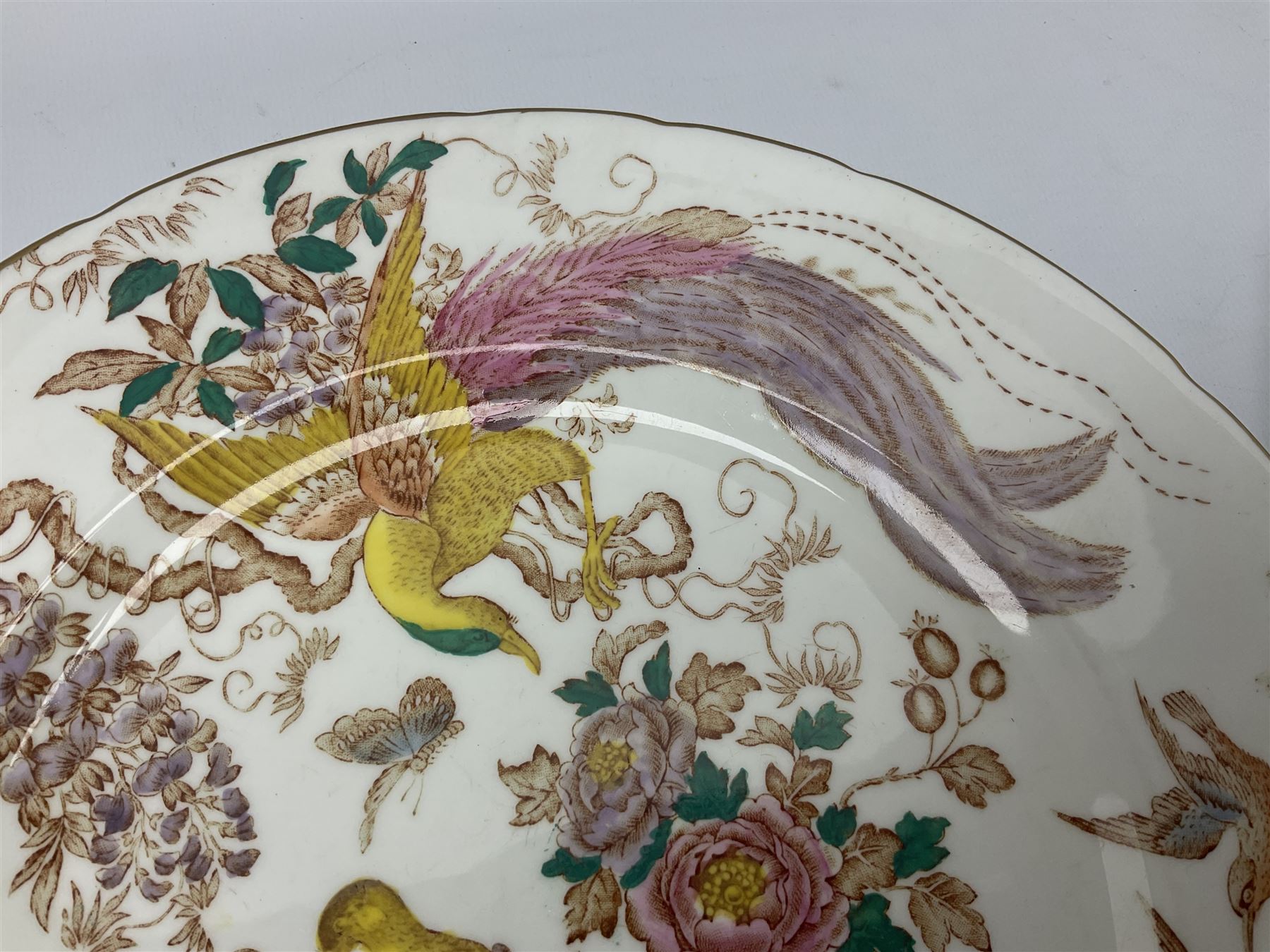 Five early 20th century Royal Crown Derby Olde Avesbury pattern dinner plates, decorated with oriental pheasants, butterflies and other birds amongst flowering branches, with impressed and printed marks to reverse, D26.5cm
