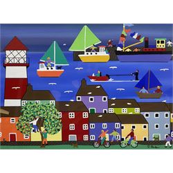 Gordon Barker (British 1960-): 'Seaside Village', acrylic on paper signed 25cm x 34cm