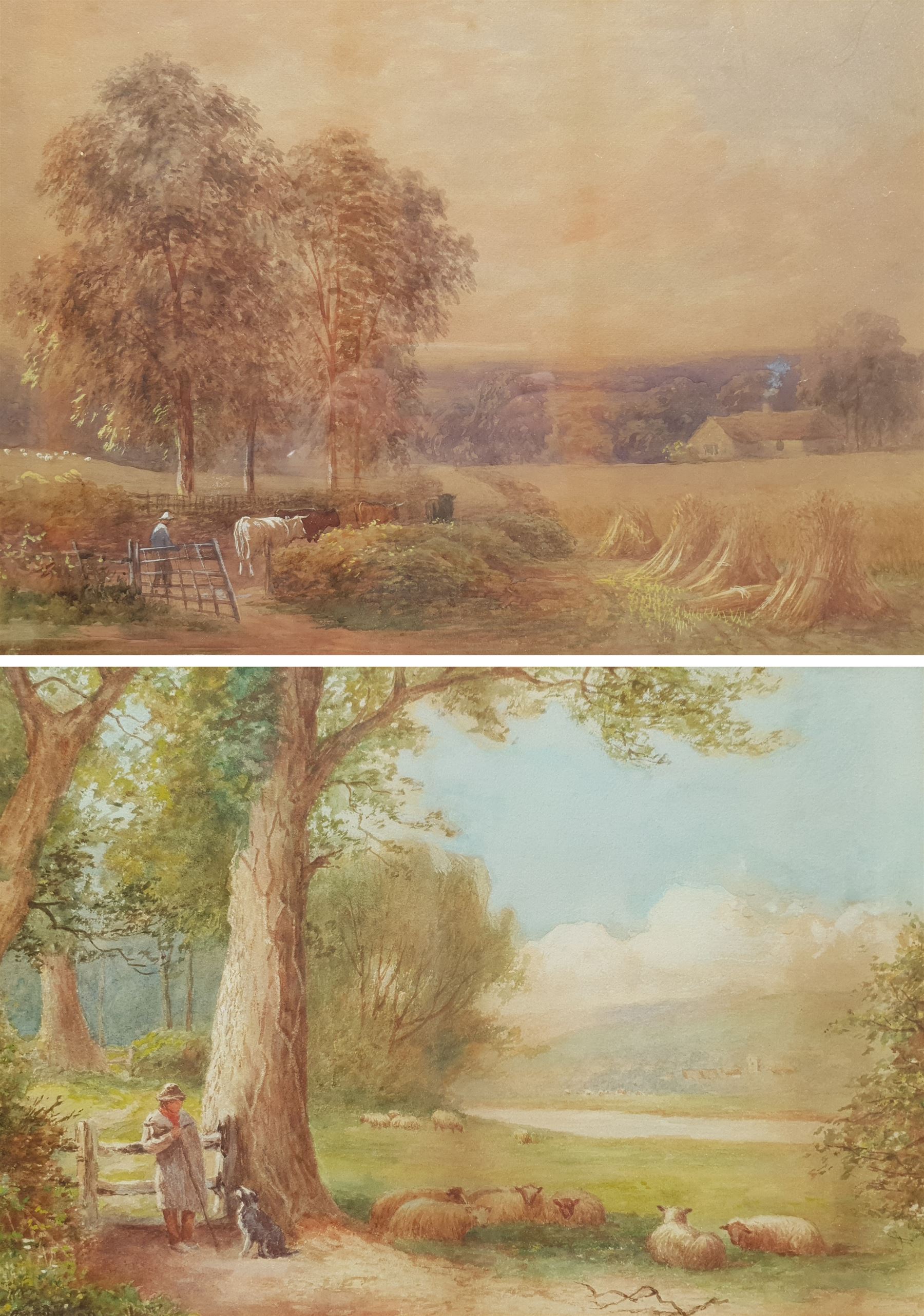 A Clifton (British 19th/20th century): Farmer Resting by a Gate, watercolour signed 24cm x 34cm; English School (19th century): Cattle by the Hayfield, watercolour signed with indistinct monogram 36cm x 50cm (2)