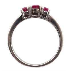  9ct white gold three stone ruby ring, with diamond shoulders, hallmarked  