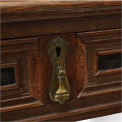 Late 19th to early 20th century Bonheur de Jour or writing bureau, the upper section enclosed by fall front decorated with geometric mouldings and oval inlaid panels depicting floral urns and swags, fitted with document divisions and two small drawers, the lower section fitted with two drawers with applied mouldings, on turned supports united by undertier, 'Hobbs & Co of London' locks