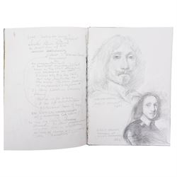 John Gilbey Bowles (British 1929-2011): Artist's Sketchbook - Surreal Art History Conversations, sketchbook containing thirty-four pages of pencil pastel and mixed media sketches of an art historical theme with interactions between famous paintings by different hands, most signed and dated 2008
Notes: examples include Edvard Munch's 'The Scream' reacting to a drawing by LS Lowry of street fighting; Albrecht Durer's drawing of a man dreaming of the Matisse line drawing; Hieronymus Bosch's 'The Last Judgment (detail) overseeing 'the Bacchanale Anglais' by Thomas Rowlandson; Toad of Toad Hall from the Wind in the Willows singing the praises of Henry VIII by Hans Holbein; a drawing by Leonardo Da Vinci admiring the humour in the drawing by LS Lowry; a Henry Moore drawing dreaming of a Thomas Rowlandson composition etc.