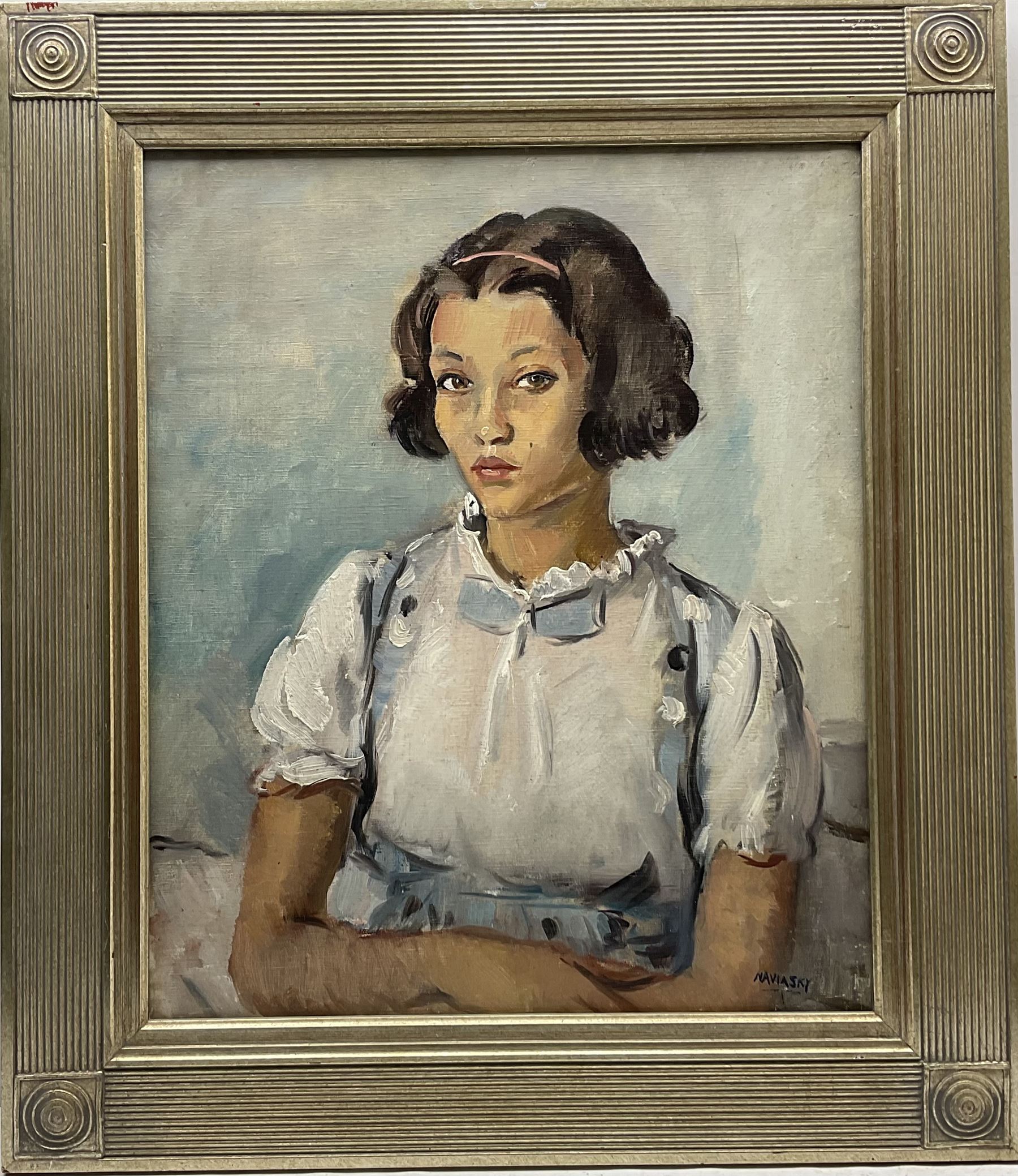 Philip Naviasky (Northern British 1894-1983): Portrait of a Girl in a White Dress, oil on canvas signed 59cm x 49cm
Provenance: Private American collection; with Grant Waters Fine Art, Angmering, West Sussex.