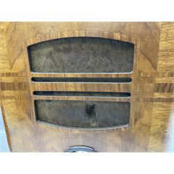 1950s Bush AC41 mahogany cased valve radio, 1930s Philips 588A with walnut veneer case, and 1940s Cossor Model 77, tallest H47cm W36cm D24cm