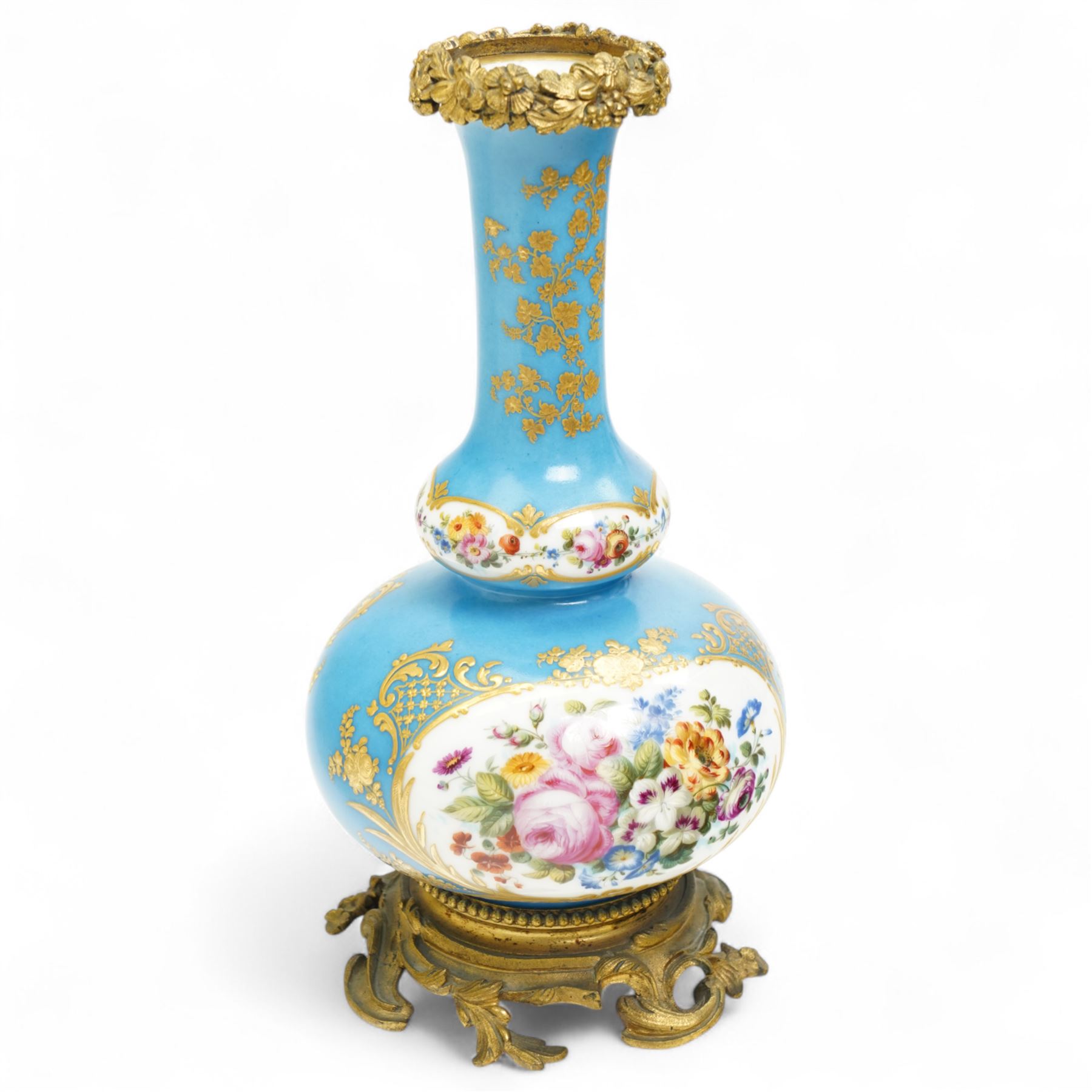 19th century French porcelain vase in the manner of Sevres, the reserves painted with birds within a landscape and floral bouquets, on a turquoise ground with gilt highlights, with ormolu style gilt metal collar and base, H26cm