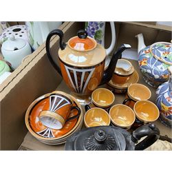Quantity of early/mid 20th century Art Deco style ceramics, to include Radford jug, butter dish etc, Hancock's coffee service for six, Art Deco Phoenix china, Czechoslovakia coffee service for six, together with Poole bowl and lidded dish, silver plated 1924 Wembley cased coffee spoons, other silver-plate, etc in three boxes