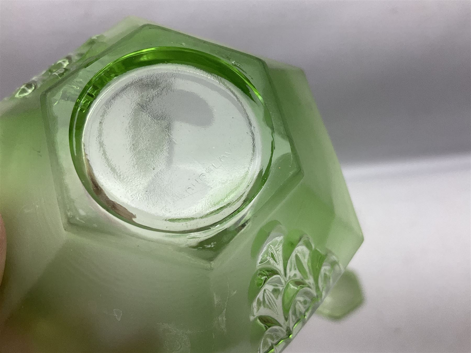 Czech uranium glass dressing table set, comprising twin handled tray, pair of candlesticks, three lidded jars and ring holder dish, and a blue Finnish Riihimäki glass, tray L35cm