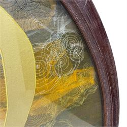 Circular needlework panel depicting Alpha and Omega symbols upon a sunset landscape scene with raised gilt stitching in wooden frame, signed ‘E. Burn’ in thread