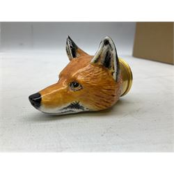 Halcyon Days enamel box, fox head stirrup cup, inspired by a Derby porcelain original of c1820, in fitted box 