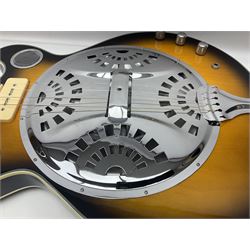 Eastwood of Canada Delta 4 electric four-string tenor resonator guitar with tobacco sunburst finish, serial no.1703437 L100cm; in original soft carrying case
