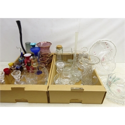  Collection of glassware comprising a large cut glass basket, group of Artland hand crafted liquor glasses, art glass vases, cut glass cruet of shaped stand, large continental lilac glass vase & matching glasses, Royal Doulton paperweight, Edinburgh crystal & rose bowl and other glassware in two boxes   