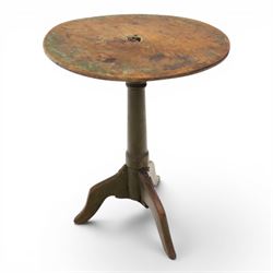 18th century primitive circular occasional table, single plank top with visible join, raised on turned column and splayed tripod base with shaped feet