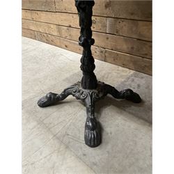 19th century cast iron Coalbrookdale design table with circular top (D66cm, H74cm) and a cast iron pedestal table with square top (W69cm, D70cm, H72cm)