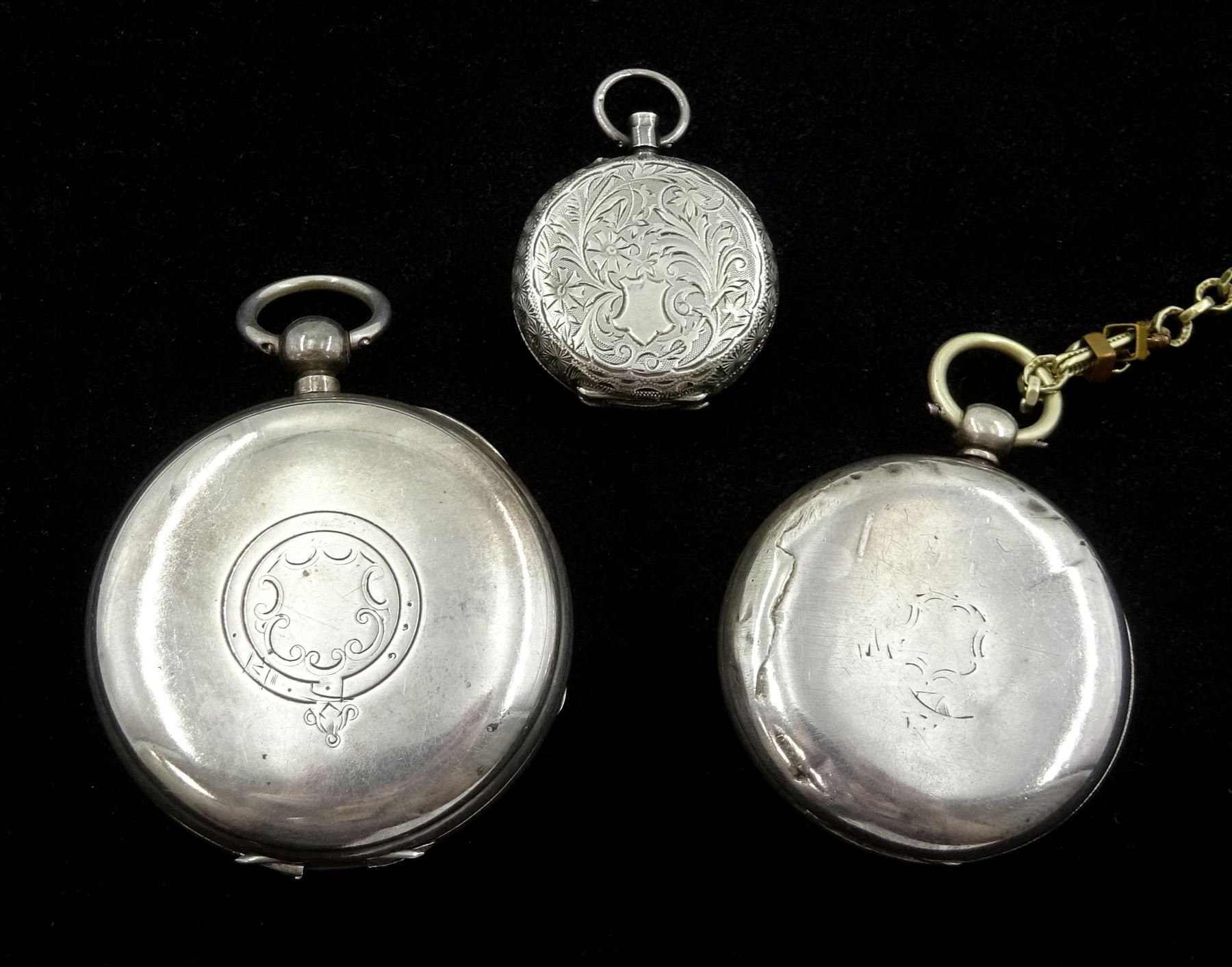 Victorian silver open face key wound lever pocket watch by Thomas Donkin, Scarborough, No. 18157, case by Charles Harris, Birmingham 1893, smaller silver pocket watch by George Cooper, Scarborough, No. 1836, on gilt watch chain, both with white enamel dials and subsidiary seconds dials and a silver fob watch