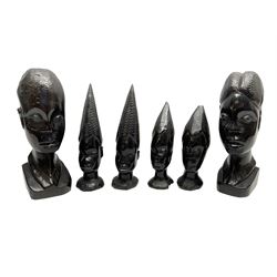 Three graduated pairs of African carved blackwood female busts, largest H20cm (6)