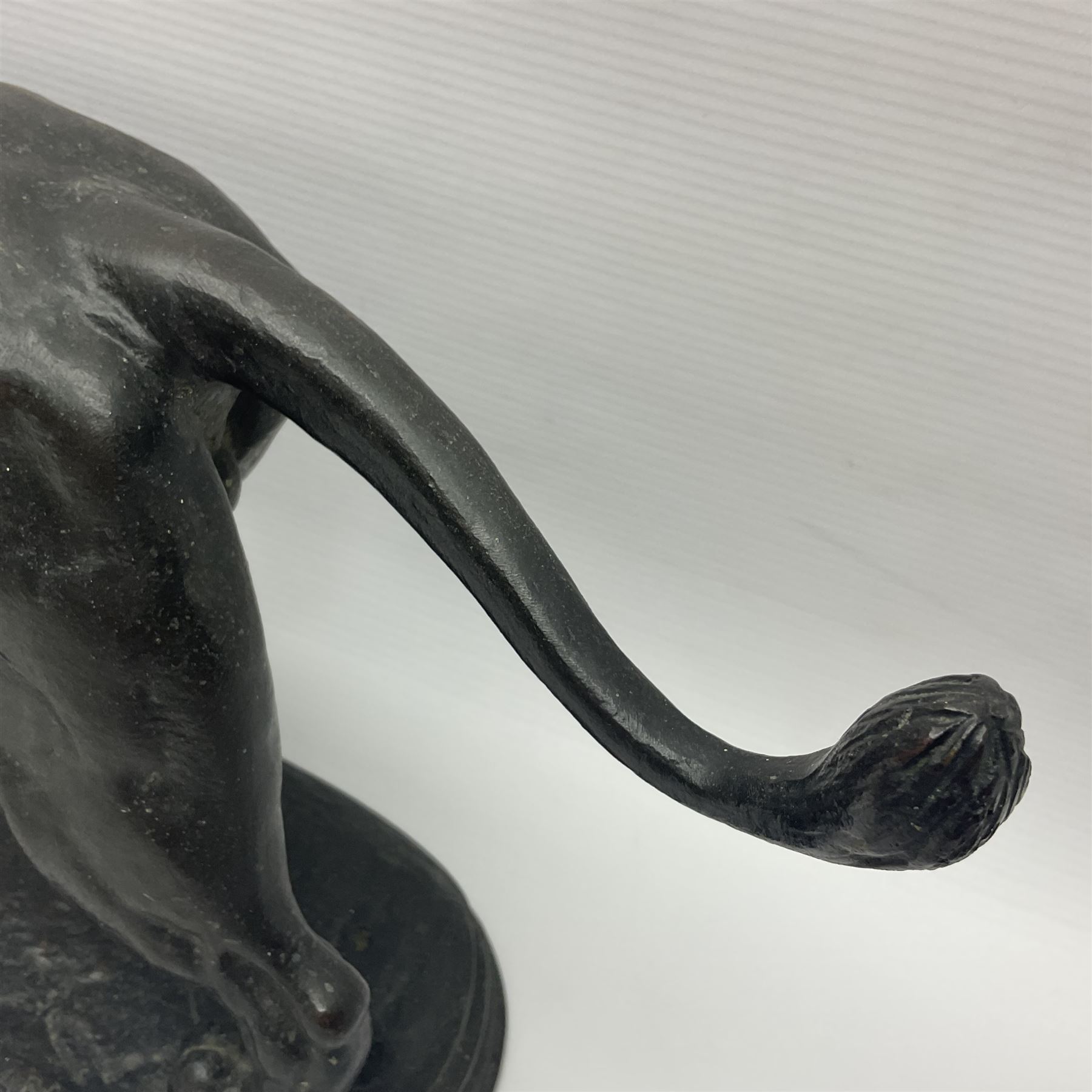 After Paul Edouard Delabrierre (French, 1829-1912), bronze, model of a lion, upon an oval base, signed E Delabrierre, overall H29.5cm, L46cm