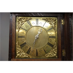  18th century oak longcase clock, square hood with barley twist columns, square brass dial inscribed 'Bell Fecit', trunk door with glazed aperture, 30-hour movement striking on bell, bracket feet, H202cm  